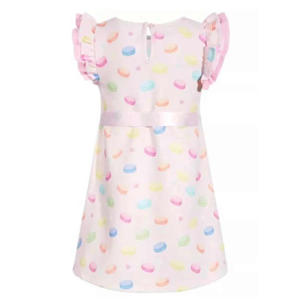 Samara Macaron Print Dress w/ Satin Ribbon, 6-9 Months